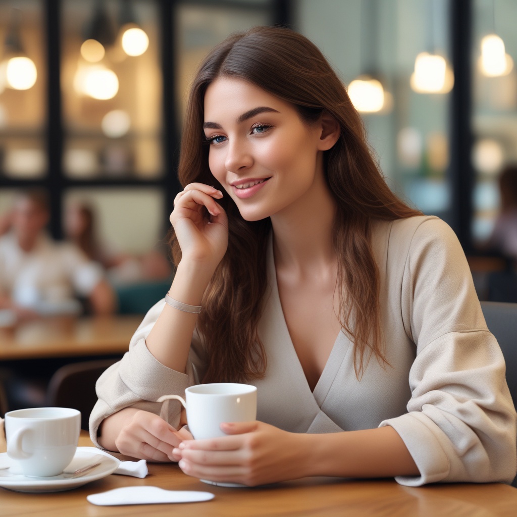 Young woman in café using Kanaden cosmetic with a radiant complexion